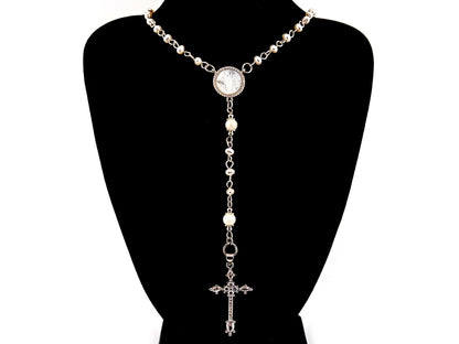 Our Lady of Fatima fresh water pearl unique rosary beads necklace with cubic zirconia cross.