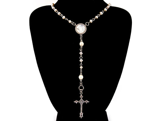 Our Lady of Fatima fresh water pearl unique rosary beads necklace with cubic zirconia cross.