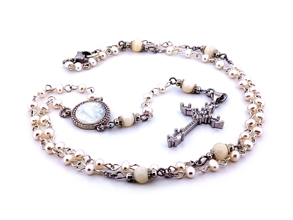 Our Lady of Fatima fresh water pearl unique rosary beads necklace with cubic zirconia cross.