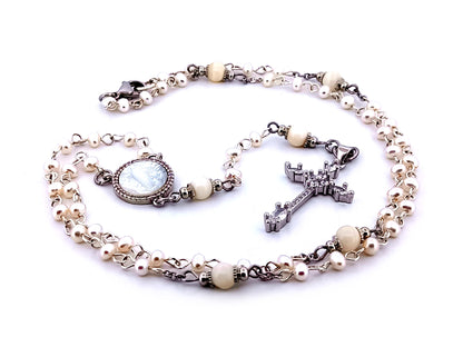 Our Lady of Fatima fresh water pearl unique rosary beads necklace with cubic zirconia cross.