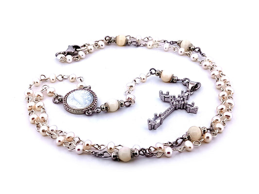 Our Lady of Fatima fresh water pearl unique rosary beads necklace with cubic zirconia cross.