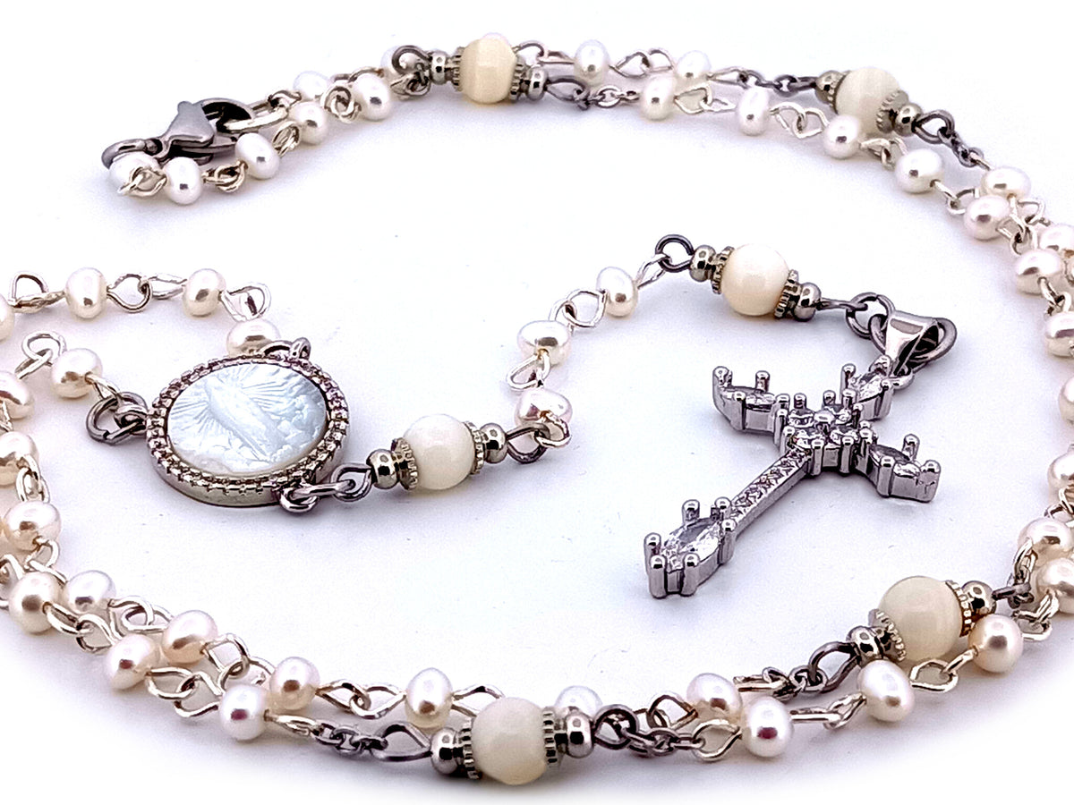 Our Lady of Fatima fresh water pearl unique rosary beads necklace with cubic zirconia cross.