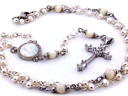 Our Lady of Fatima fresh water pearl unique rosary beads necklace with cubic zirconia cross.
