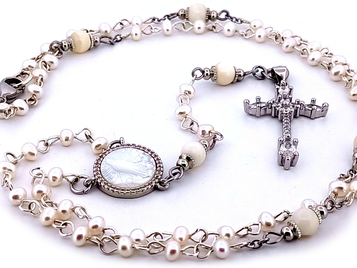 Our Lady of Fatima fresh water pearl unique rosary beads necklace with cubic zirconia cross.
