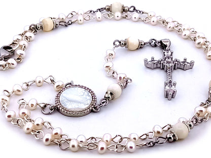 Our Lady of Fatima fresh water pearl unique rosary beads necklace with cubic zirconia cross.