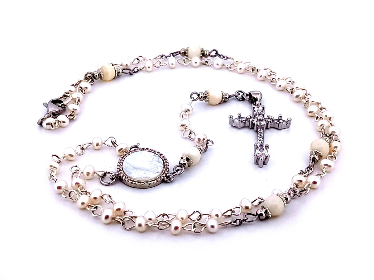 Our Lady of Fatima fresh water pearl unique rosary beads necklace with cubic zirconia cross.