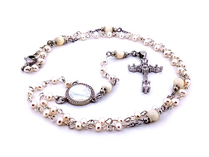 Our Lady of Fatima fresh water pearl unique rosary beads necklace with cubic zirconia cross.