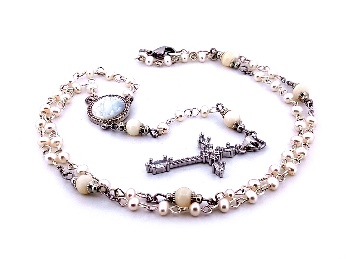 Our Lady of Fatima fresh water pearl unique rosary beads necklace with cubic zirconia cross.