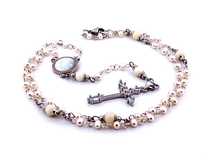 Our Lady of Fatima fresh water pearl unique rosary beads necklace with cubic zirconia cross.