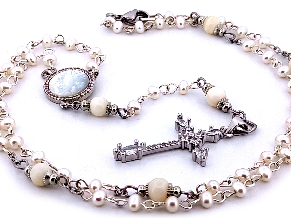 Our Lady of Fatima fresh water pearl unique rosary beads necklace with cubic zirconia cross.