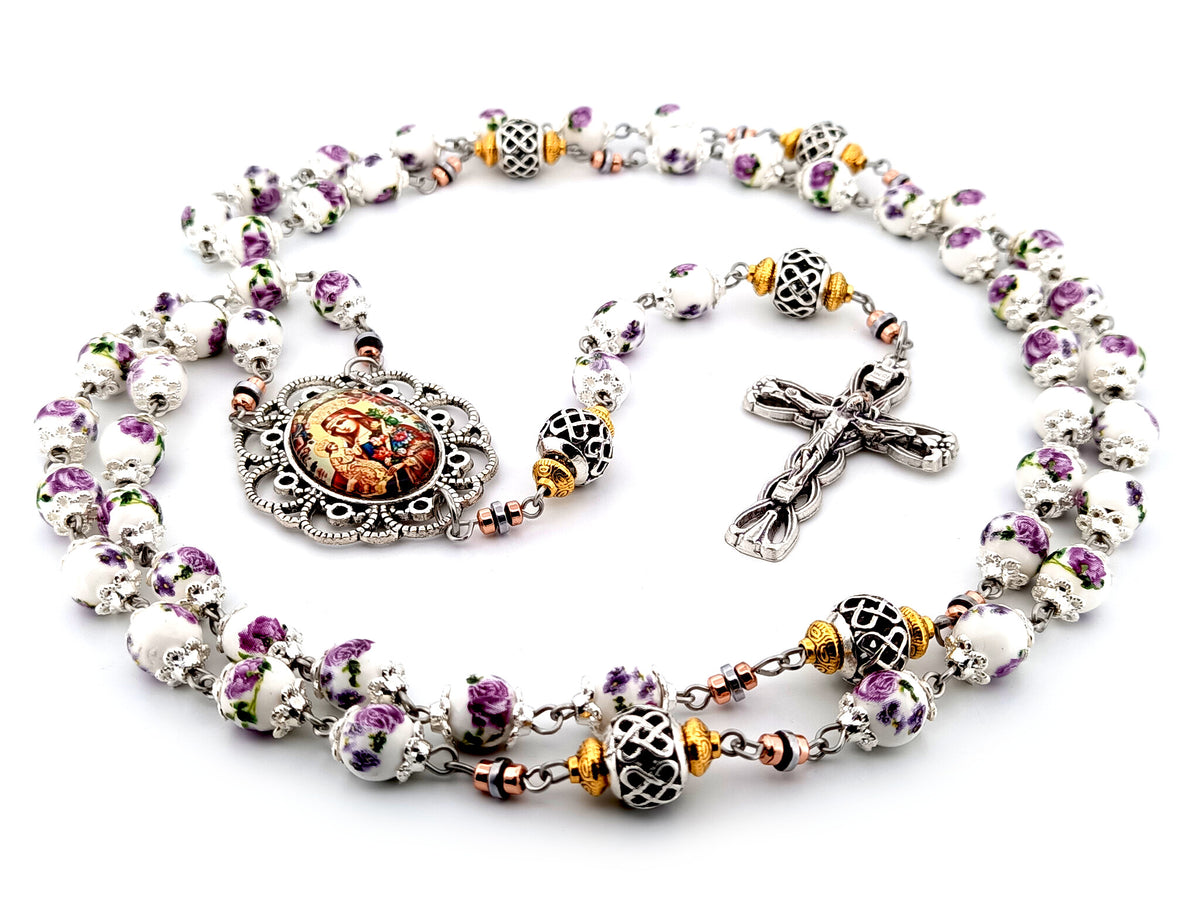 Our Lady of Perpetual Help purple floral porcelain and silver unique rosary beads with silver lily crucifix.