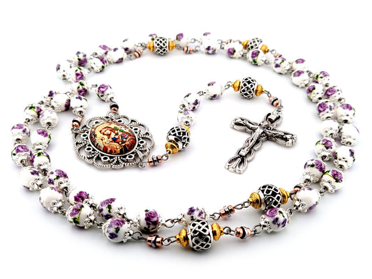 Our Lady of Perpetual Help purple floral porcelain and silver unique rosary beads with silver lily crucifix.