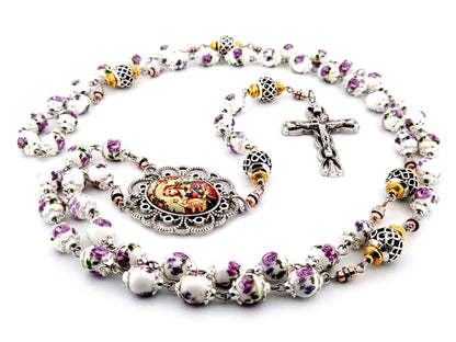 Our Lady of Perpetual Help purple floral porcelain and silver unique rosary beads with silver lily crucifix.
