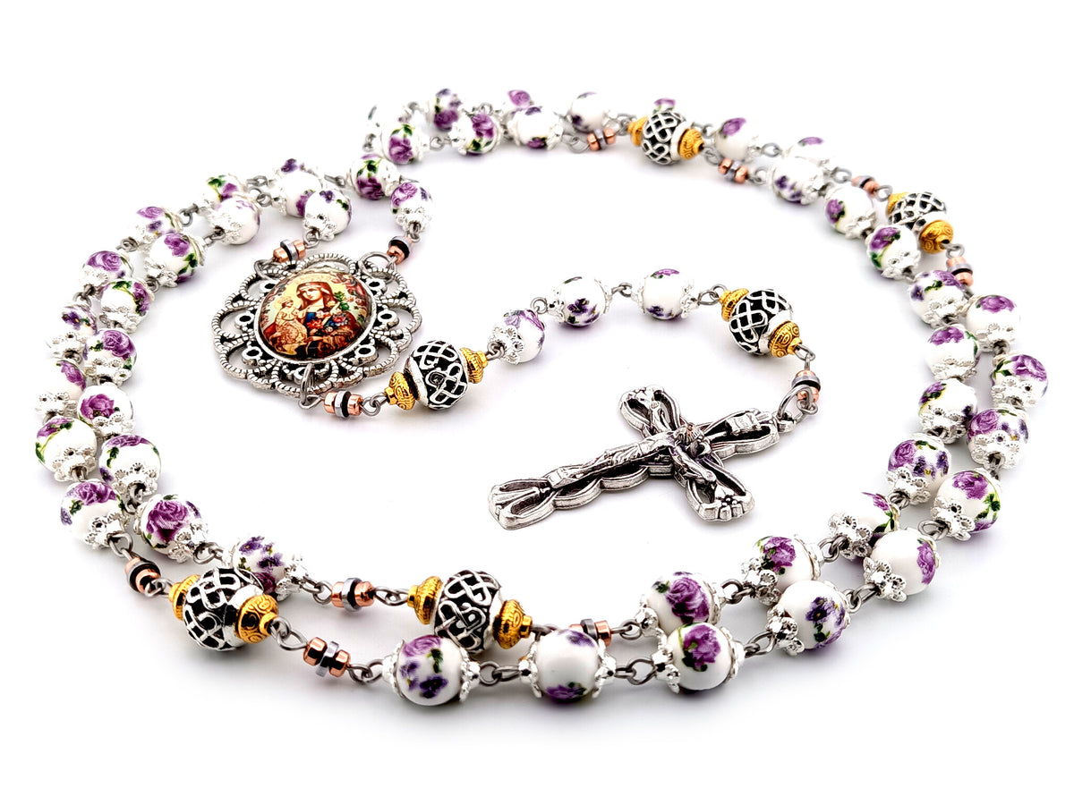 Our Lady of Perpetual Help purple floral porcelain and silver unique rosary beads with silver lily crucifix.