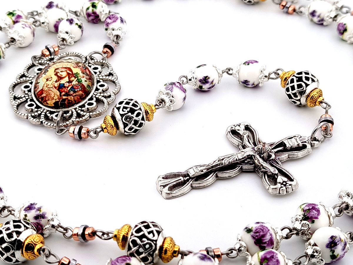 Our Lady of Perpetual Help purple floral porcelain and silver unique rosary beads with silver lily crucifix.