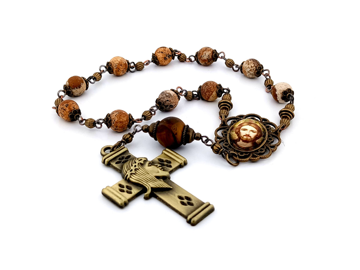 Christ Pantocrator icon matt jasper gemstone single decade rosary beads with brass crown of thorns crucifix.