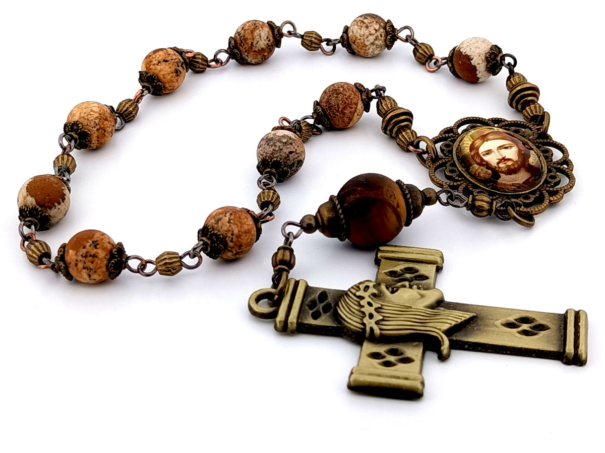 Christ Pantocrator icon matt jasper gemstone single decade rosary beads with brass crown of thorns crucifix.