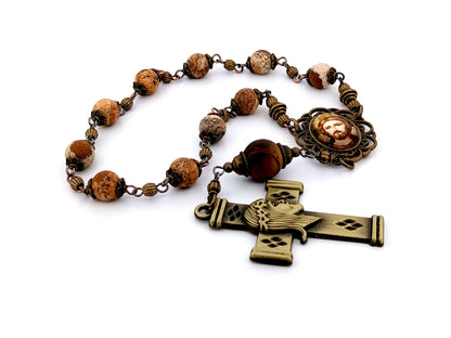 Christ Pantocrator icon matt jasper gemstone single decade rosary beads with brass crown of thorns crucifix.