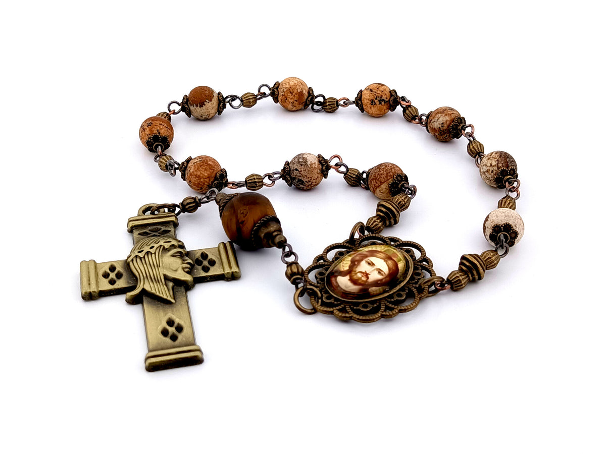 Christ Pantocrator icon matt jasper gemstone single decade rosary beads with brass crown of thorns crucifix.