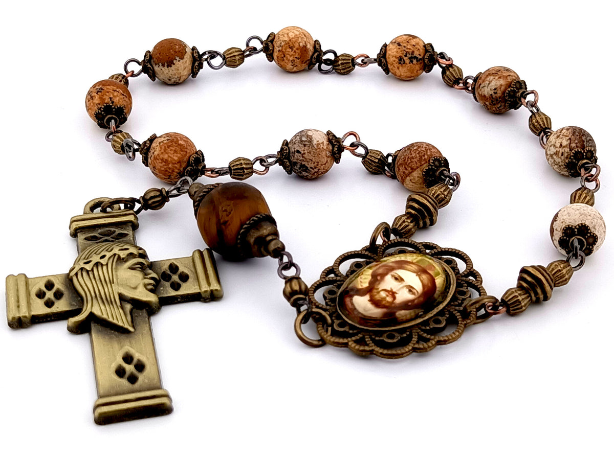 Christ Pantocrator icon matt jasper gemstone single decade rosary beads with brass crown of thorns crucifix.