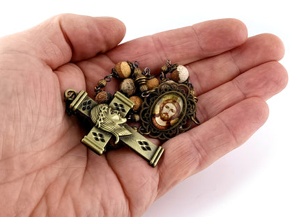 Christ Pantocrator icon matt jasper gemstone single decade rosary beads with brass crown of thorns crucifix.