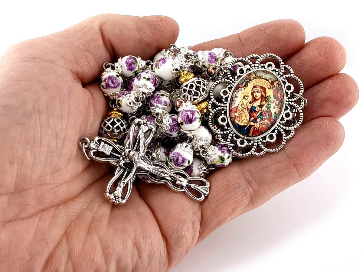 Our Lady of Perpetual Help purple floral porcelain and silver unique rosary beads with silver lily crucifix.