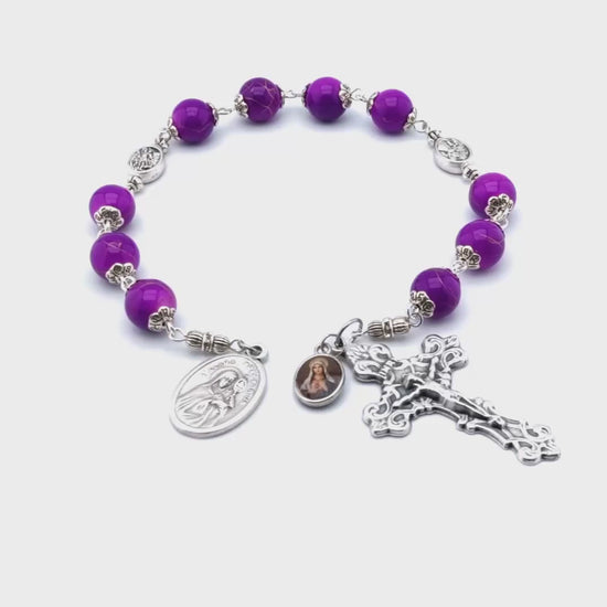 Saint Clare unique rosary beads prayer chaplet with purple gemstone beads, silver crucifix and end medal.