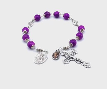 Saint Clare unique rosary beads prayer chaplet with purple gemstone beads, silver crucifix and end medal.