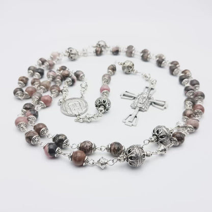 Holy Face of Jesus unique rosary beads with gemstone beads, Holy face crucifix, silver pater beads and centre medal.