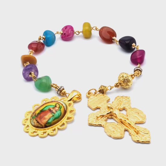 Our Lady of Guadalupe unique rosary beads single decade rosary with multi coloured nugget gemstone beads, golden pardon crucifix and picture centre medal.