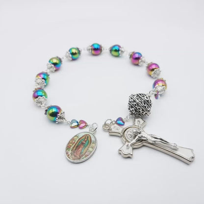 Our Lady of Guadalupe unique rosary beads single decade with petrol hematite gemstone beads, silver and white enamel Saint Benedict crucifix and picture medal.