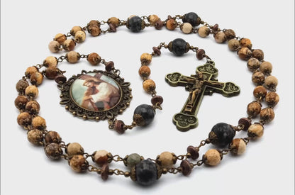 Way of the Cross unique rosary beads with natural gemstone beads, large twelve apostles crucifix and large picture centre medal.