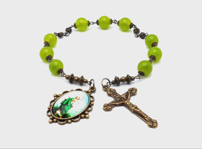 Saint Jude unique rosary beads prayer chaplet with peridot gemstone beads, bronze crucifix and picture end medal.