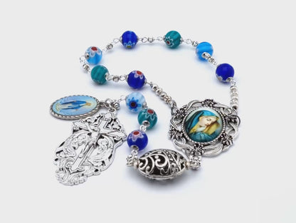 Our Lady of Sorrows unique rosary beads servite prayer chaplet with millefiori glass beads, silver crucifix and medals.