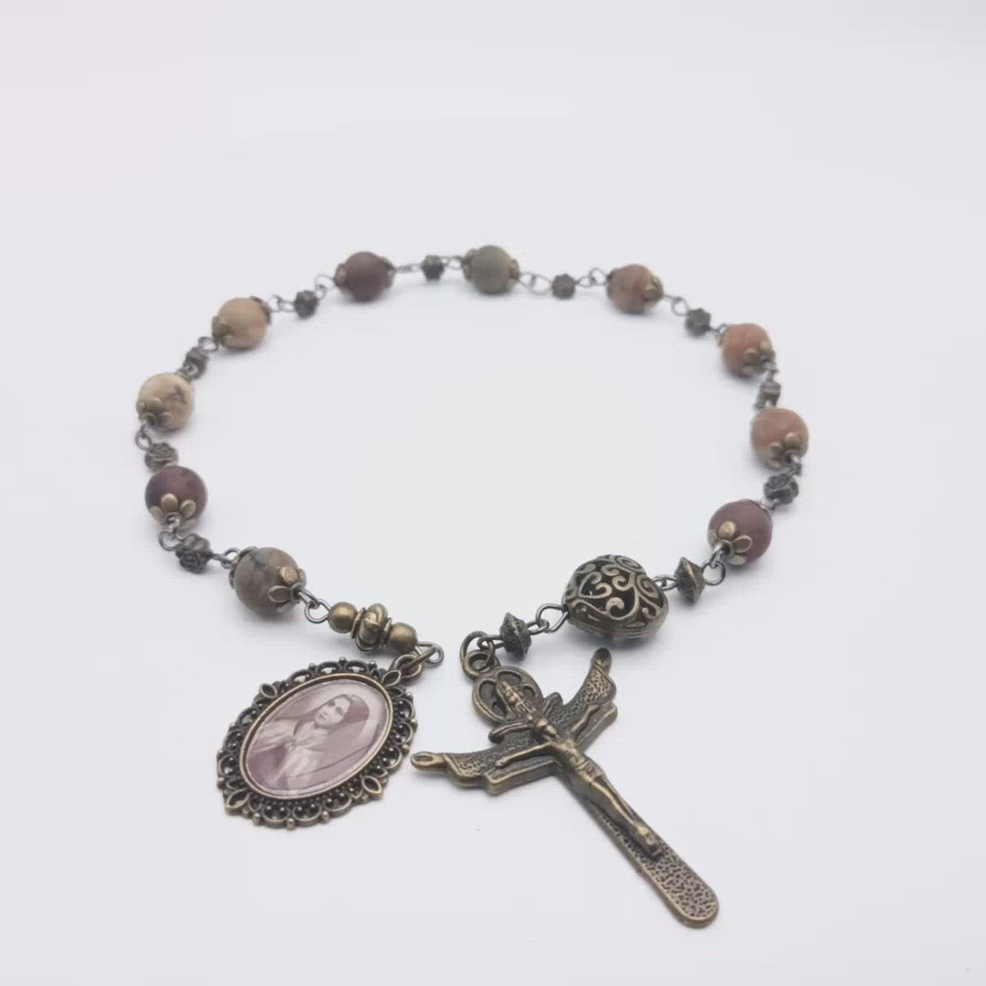 Saint Therese of Lisieux unique rosary beads single decade or tenner rosary with gemstone beads, bronze bead caps, Trinity crucifix and picture end medal.