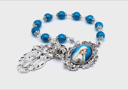 Immaculate Heart of Mary unique rosary beads single decade rosary beads with blue and silver beads, filigree crucifix and picture centre medal.