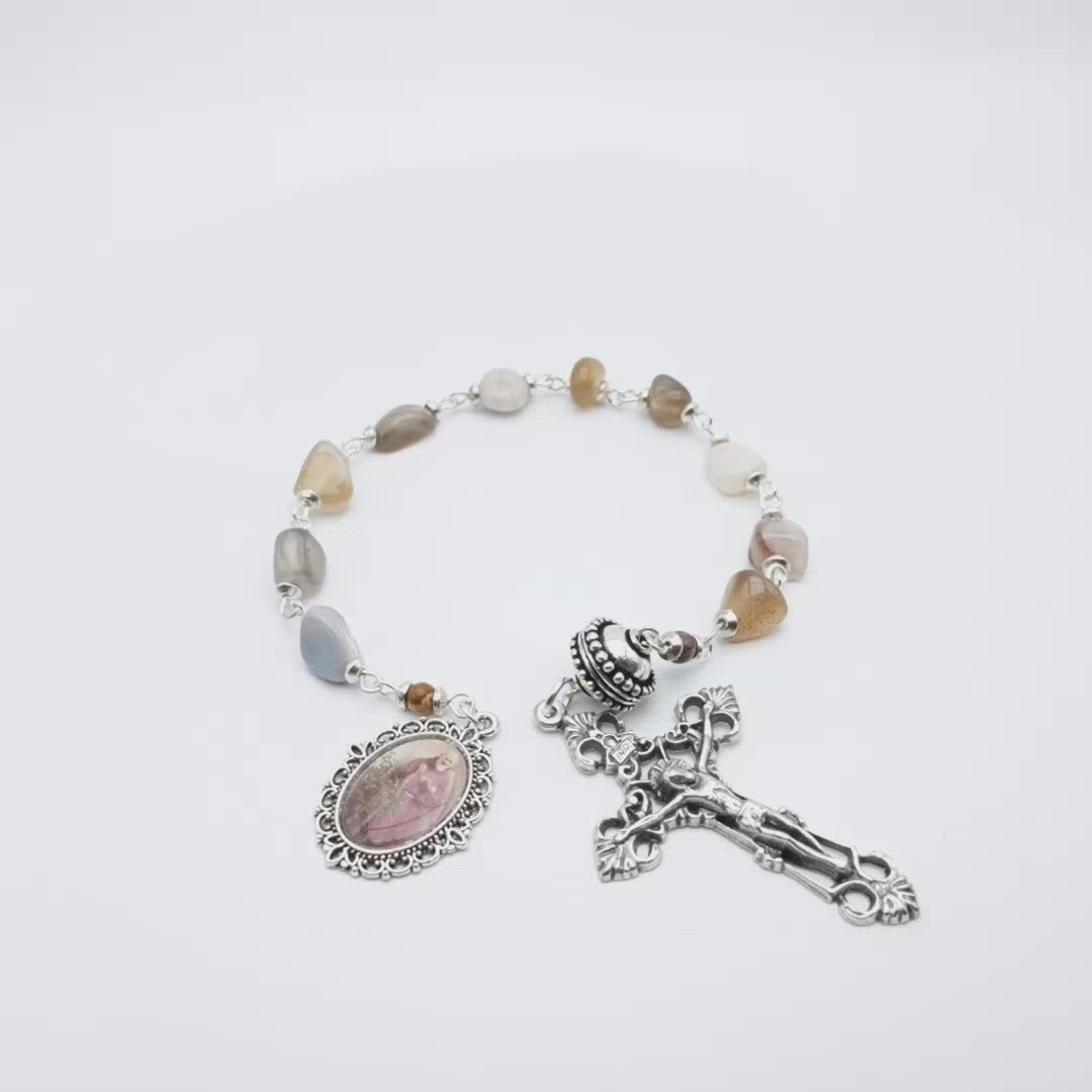 Saint Padre Pio unique rosary beads single decade or tenner rosary with agate gemstone beads, silver pater bead, crucifix and picture end medal.