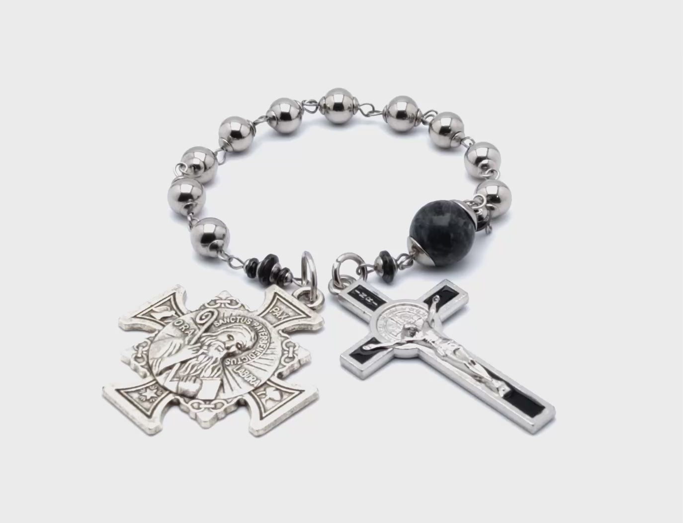 Saint Benedict unique rosary beads single decade rosary with stainless steel and gemstone beads, black enamel crucifix and silver end medal.