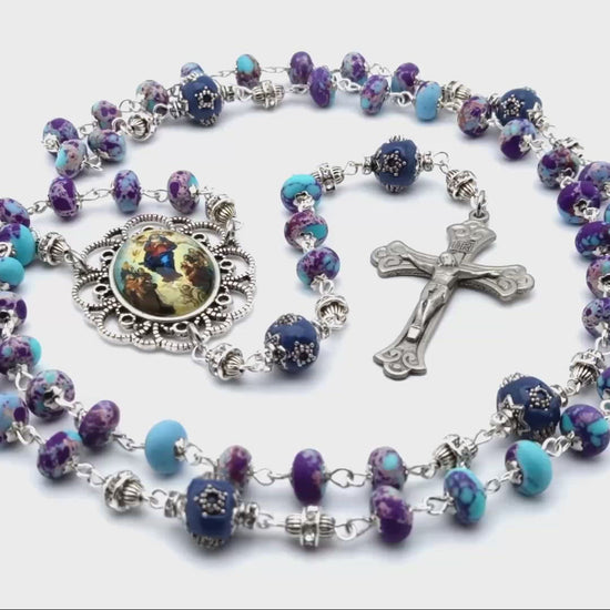 The Assumption of Mary unique rosary beads with imperial jasper gemstone beads, silver crucifix and large picture centre medal.