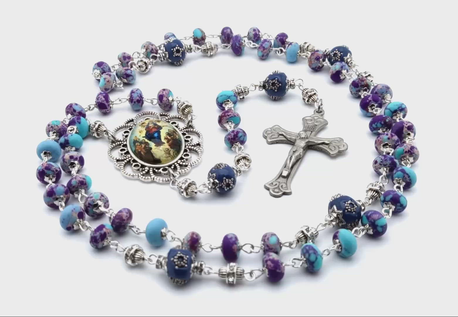 The Assumption of Mary unique rosary beads with imperial jasper gemstone beads, silver crucifix and large picture centre medal.