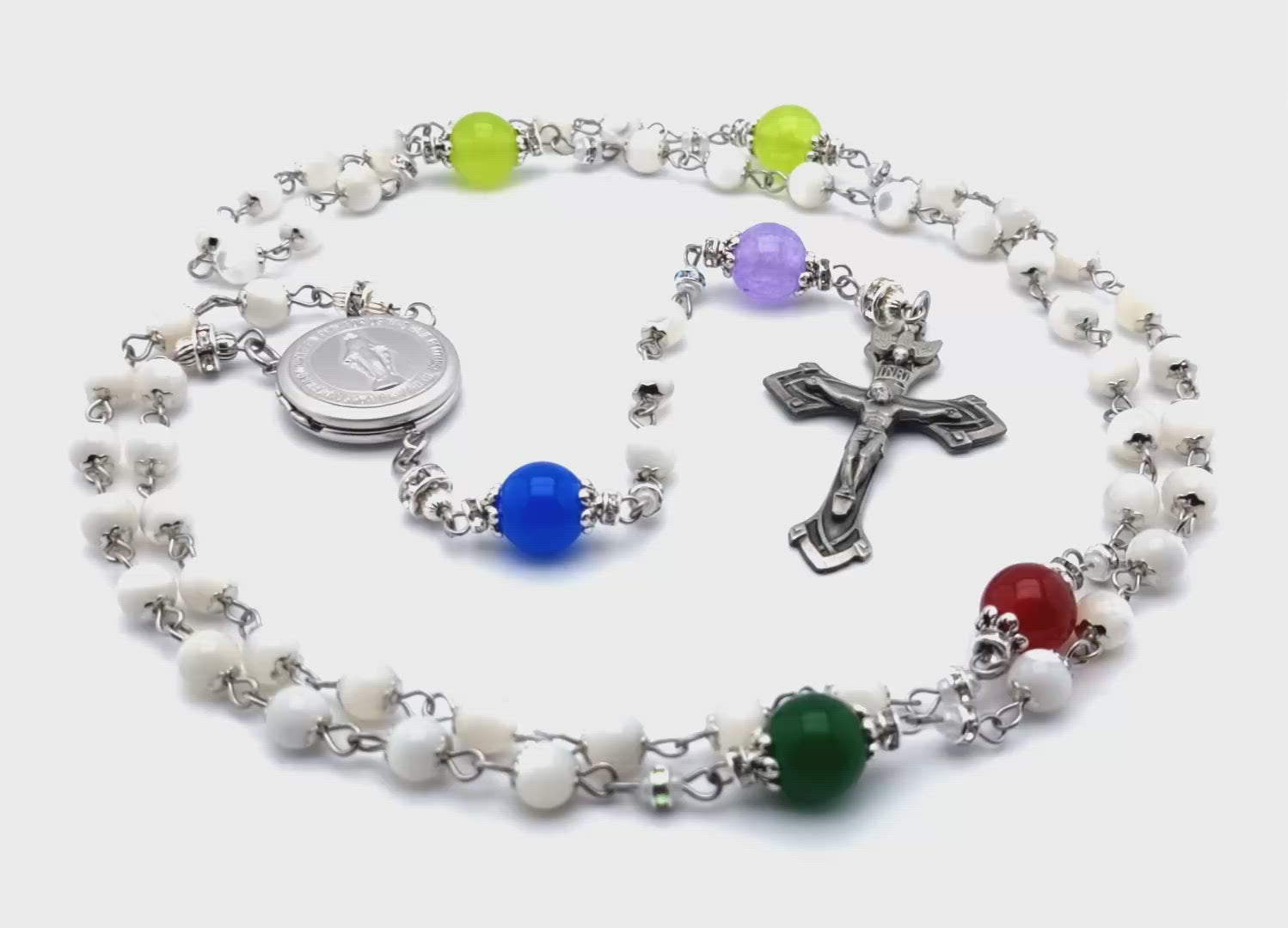Miraculous Medal unique rosary beads with mother of pearl beads, birthstone gemstone pater beads, pewter crucifix and locket centre medal.