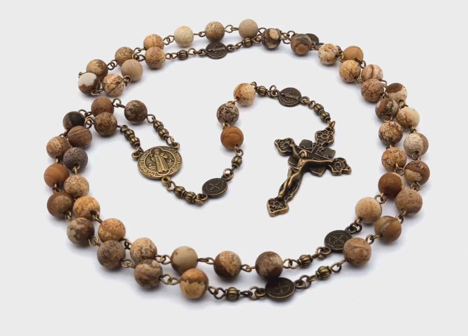 Saint Benedict unique rosary beads with natural jasper gemstone beads, bronze crucifix, pater beads and centre medal.