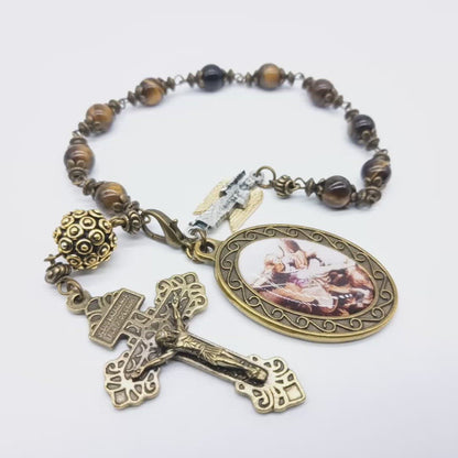 Saint Michael the Archangel tigers eye single Rosary beads, St Michael rosary Rosary beads,Spiritual Wedding beads, Mens Rosary tenner gift.