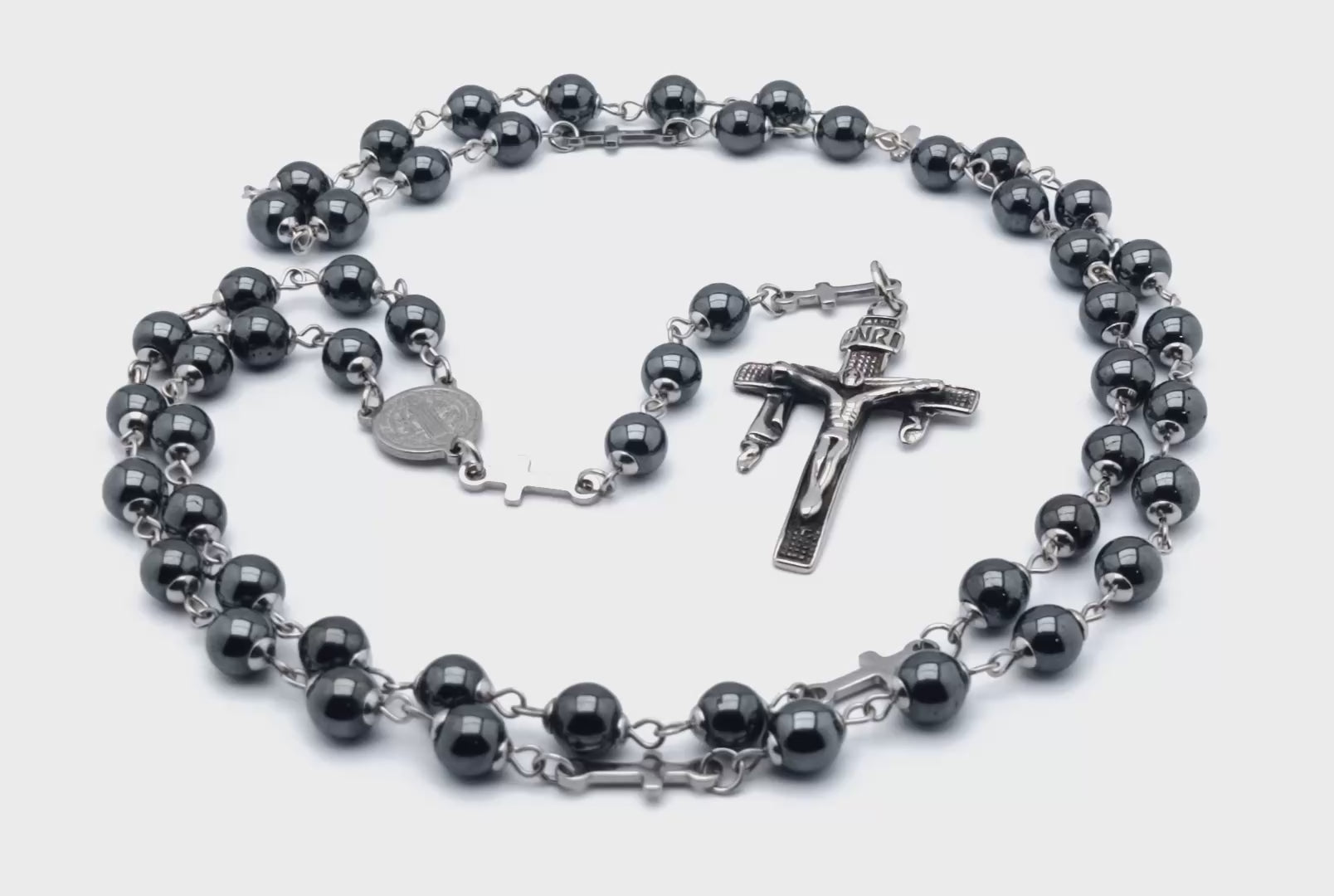 Saint Benedict unique rosary beads with stainless steel and hematite beads, stainless steel crucifix and centre medal.