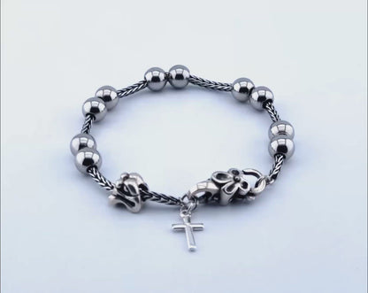 Mother and Child unique rosary beads genuine 925 sterling silver bracelet with stainless steel beads, 925 silver clasp, chain, cross and Mother and child bead.