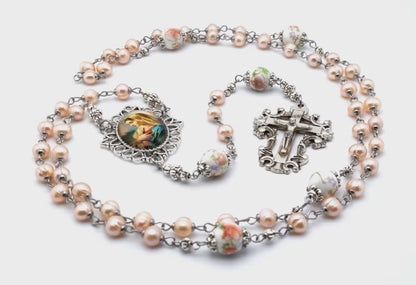 Fiat of the Blessed Virgin Mary unique rosary beads with freshwater pearls and porcelain beads, silver filigree crucifix and picture centre medal.