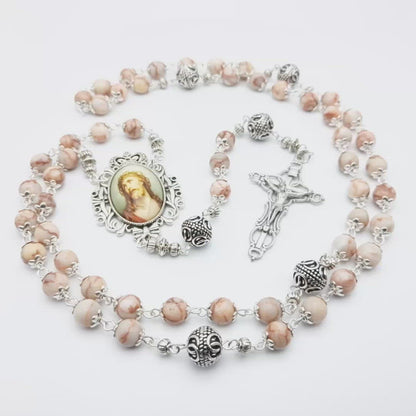 The Crown of Thorns unique rosary beads with marbled gemstone beads, silver pater beads, crucifix and picture centre medal.