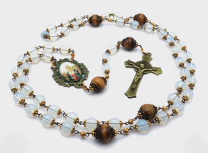 Immaculate Heart of Mary unique rosary beads with opal and tigers eye gemstone beads, bronze crucifix and verdigris picture centre medal.