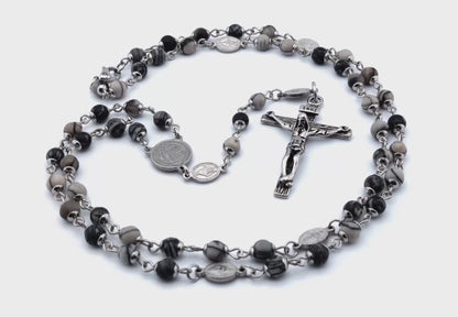 Saint Benedict unique rosary beads with black and grey jasper gemstone beads, stainless steel miraculous medals and centre medal and silver crucifix.
