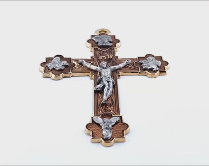 Ornate unique rosary beads 5" wall crucifix or hanging enamel Holy Angels crucifix enamel bronze and gold decorative crucifix.